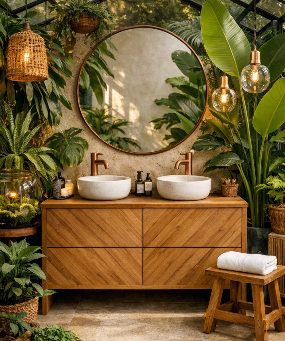 Tropical bathroom with urban jungle vibe Tropical bathroom with urban jungle vibe